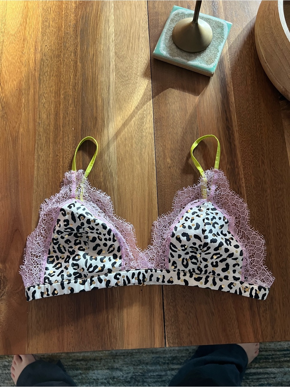 Victoria's Secret Pink Lace Leopard Bralette with Lime Straps